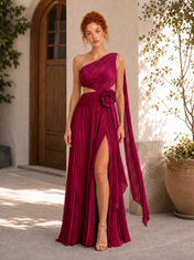 One-Shoulder Magenta Pleated Chiffon Evening Dresses with Rosette Accent and Side Cut-Outs