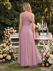 Dusty Rose One-Shoulder Pleated Draped High-Low Floor-Length Gown Dress