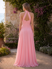 Pink Halter Ruched Chiffon Floor-Length Gown Dress