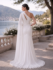 White One-Shoulder Cutout Cape Sleeve Ruched Mermaid Floor-Length Gown Dress
