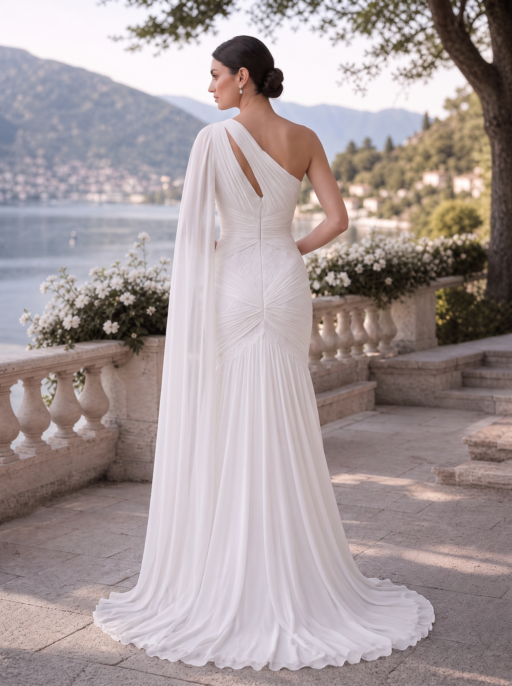 White One-Shoulder Cutout Cape Sleeve Ruched Mermaid Floor-Length Gown Dress