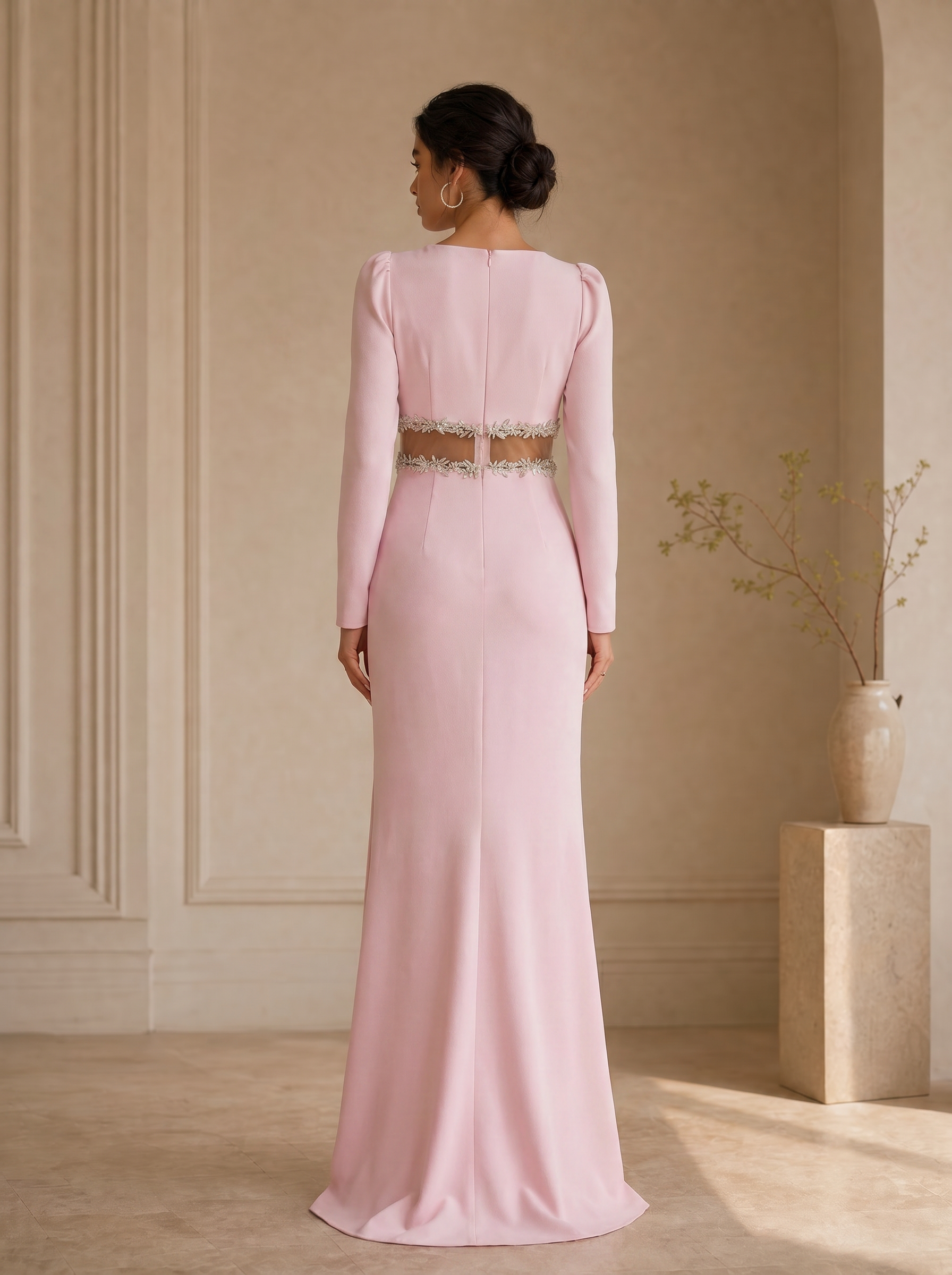 Long-Sleeve Crepe and Crystal Cutout Maxi Evening Dresses with High Slit
