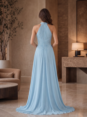 Light Blue Halter Pleated A-Line Floor-Length Gown Dress