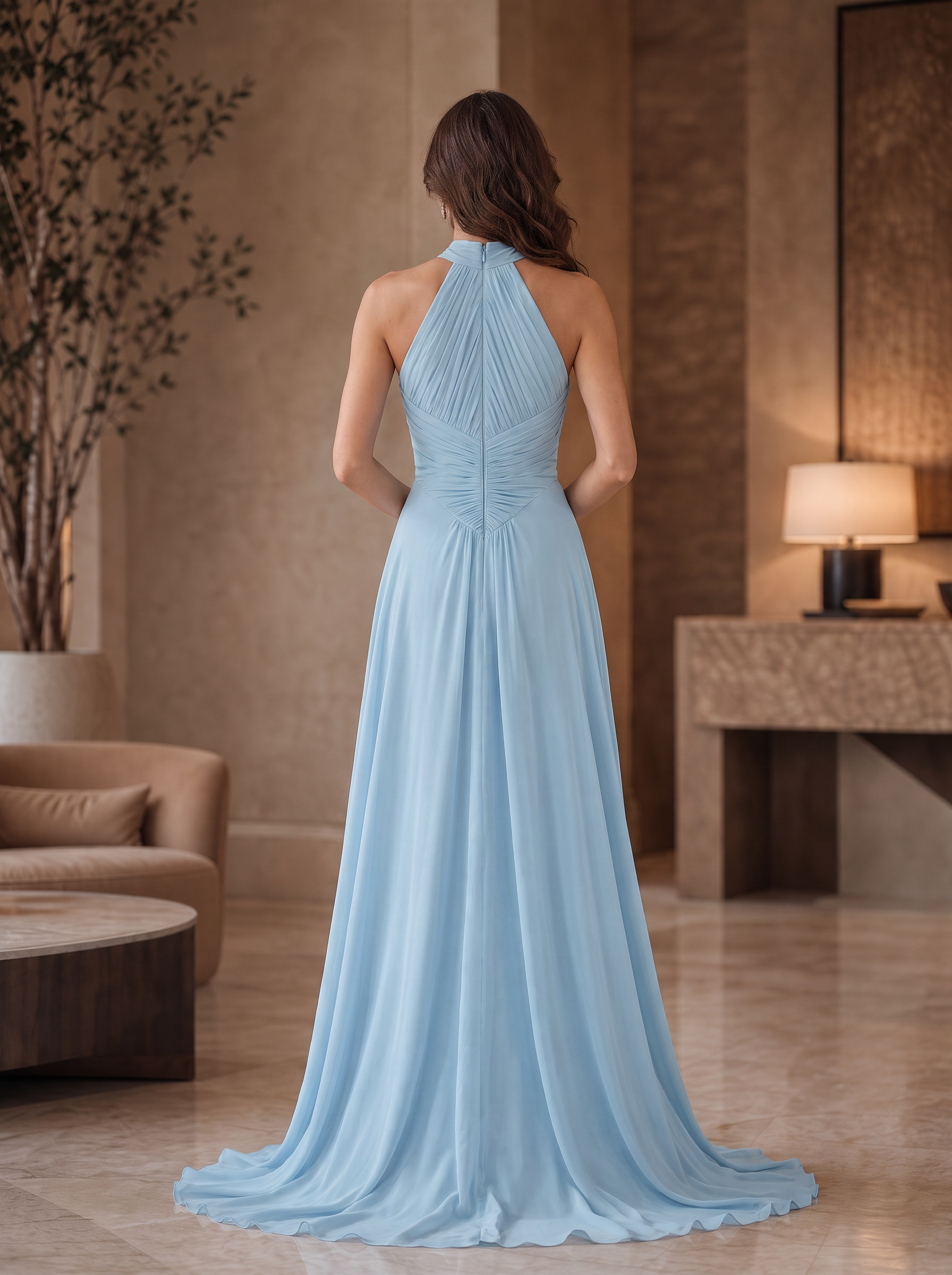 Light Blue Halter Pleated A-Line Floor-Length Gown Dress