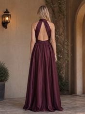 Burgundy Halter Neck Ruched Ruffled High-Low Floor-Length Gown Dress