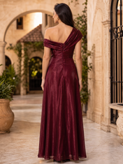 Burgundy One-Shoulder Draped Satin-Finish Floor-Length Gown Dress