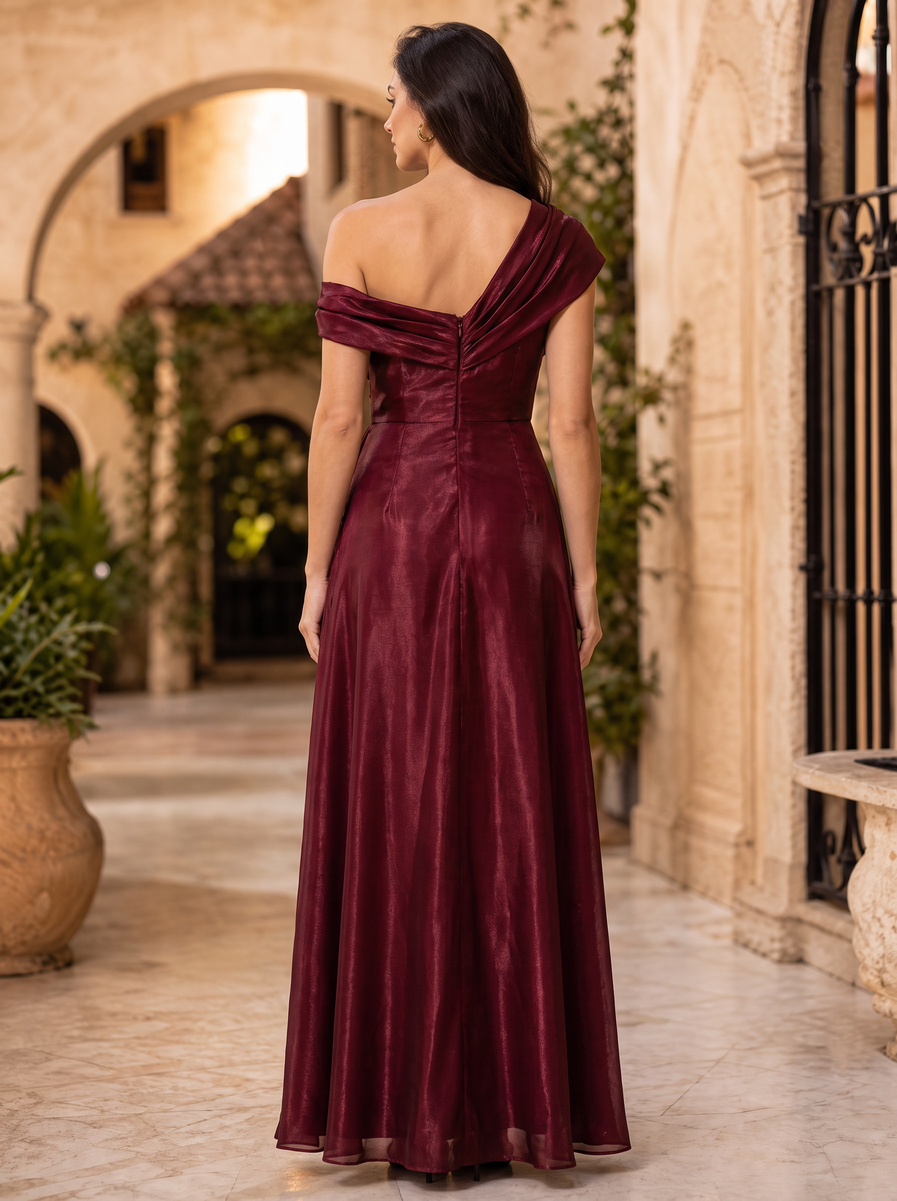 Burgundy One-Shoulder Draped Satin-Finish Floor-Length Gown Dress