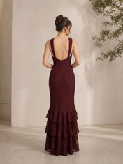 Halter Deep Burgundy Patterned Lace Evening Dresses with Keyhole Cutout and Tiered Ruffle Mermaid Skirt