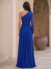 Royal Blue One-Shoulder Lace Chiffon Floor-Length Gown Dress