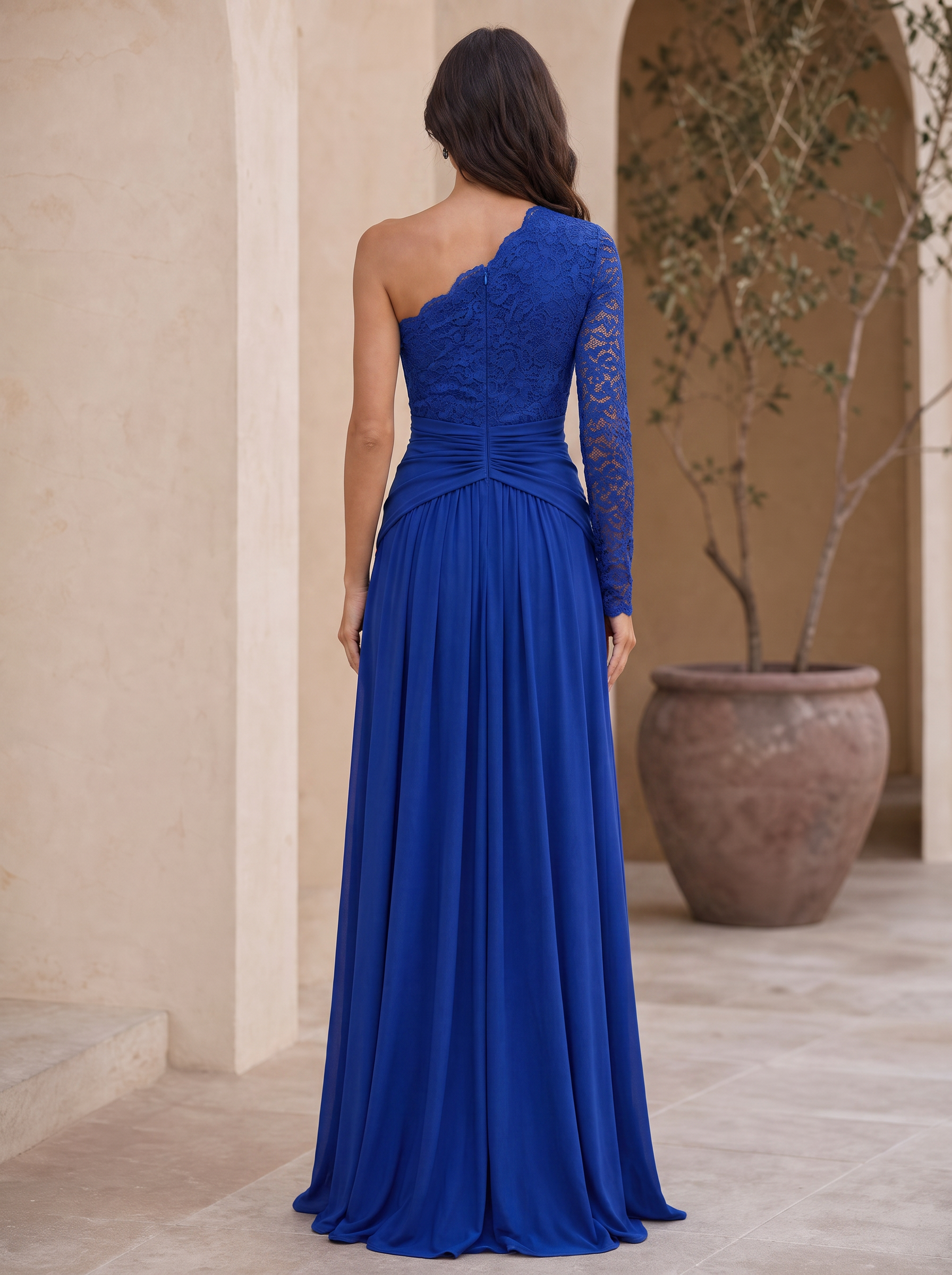 Royal Blue One-Shoulder Lace Chiffon Floor-Length Gown Dress