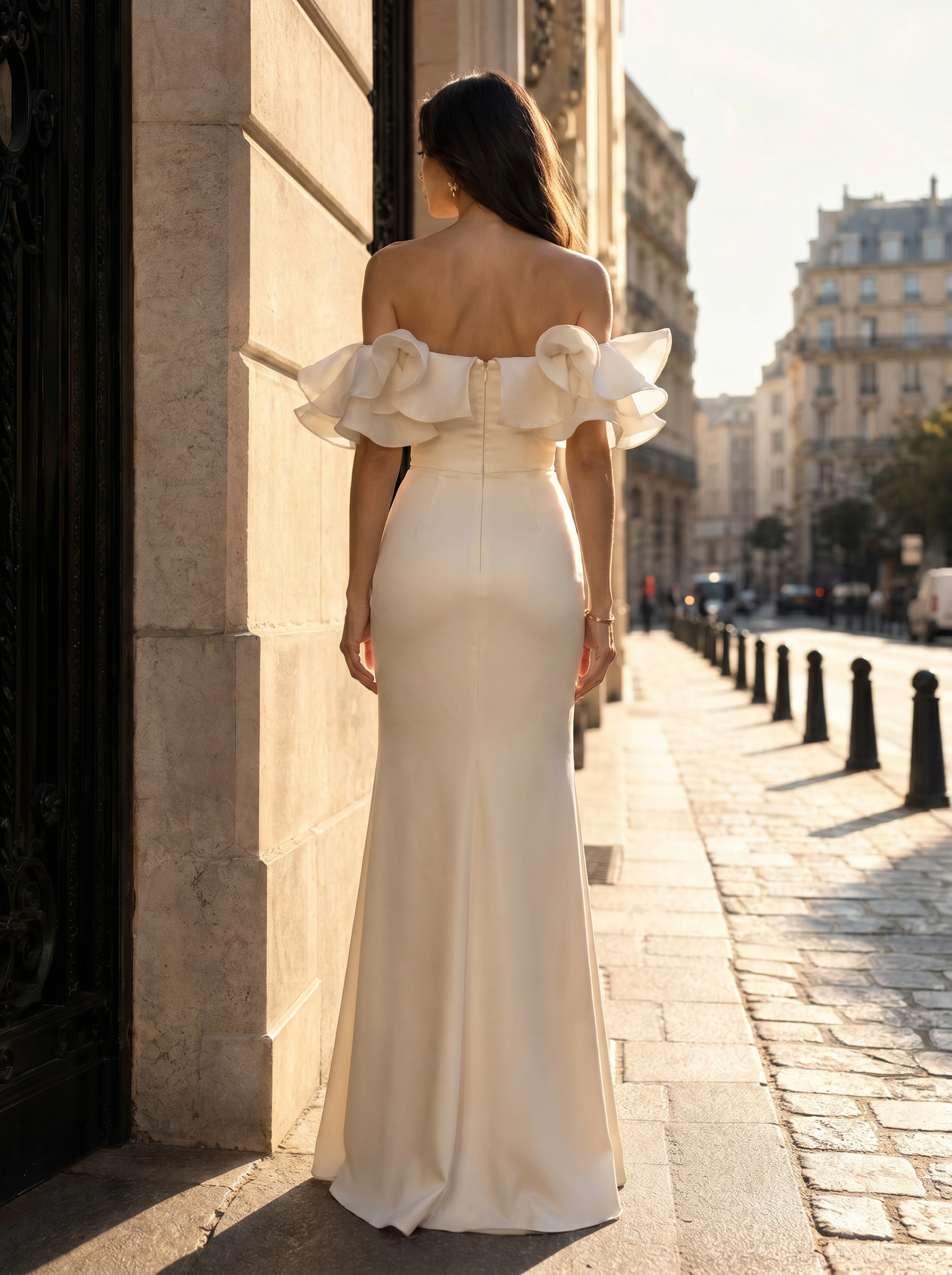 Off-the-Shoulder Ivory Satin Evening Dresses with Dramatic Ruffled Collar and High Slit