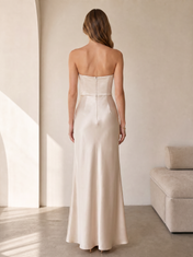 Champagne Satin Strapless Rosette Draped Sheath Floor-Length Gown Dress