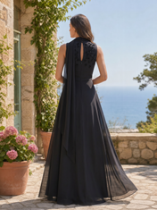 High-Neck Floral Beaded Chiffon A-Line Evening Dresses with Shoulder Drape