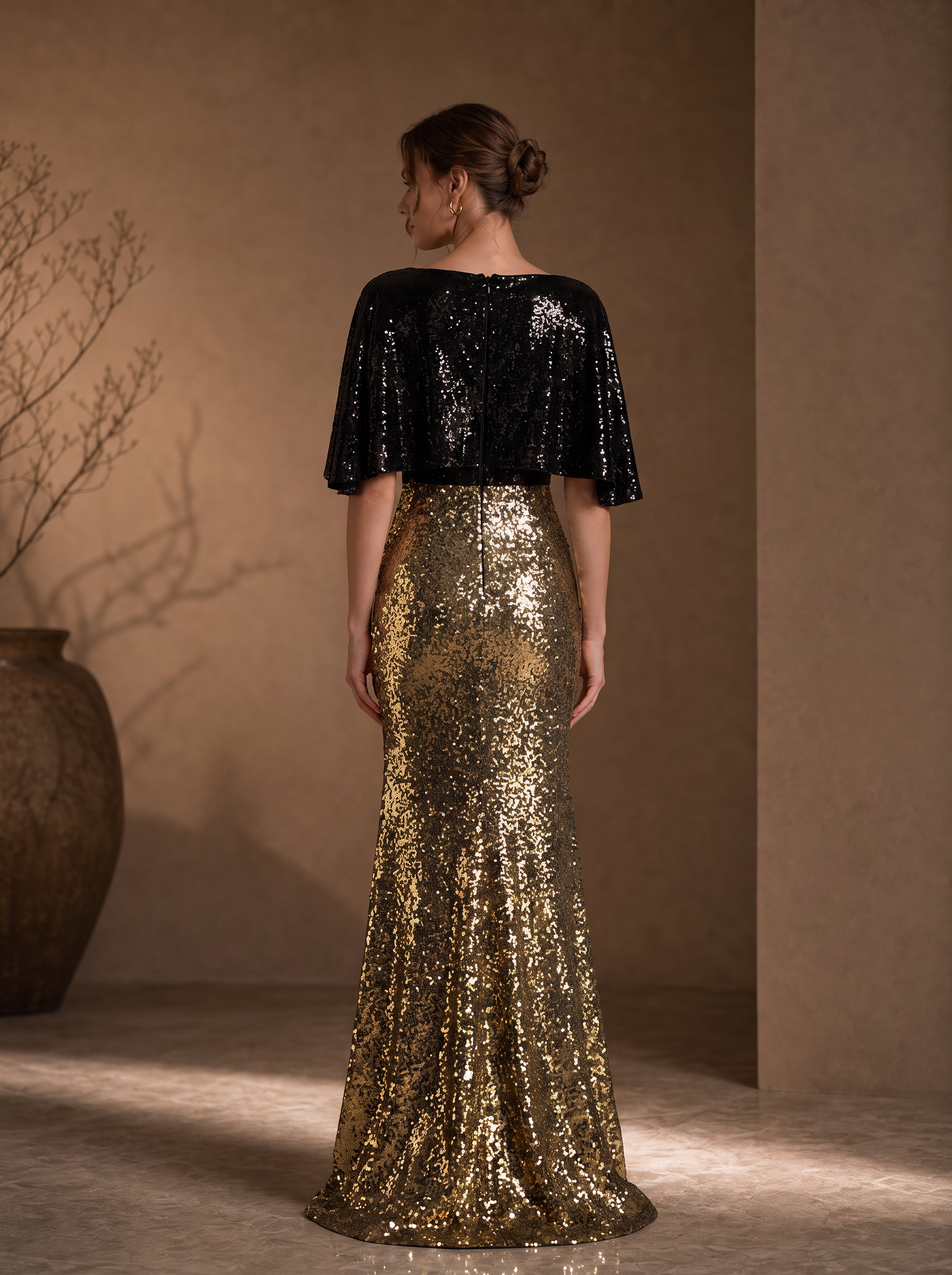 Black and Gold Sequin Boat-Neck Capelet Floor-Length Evening Dress