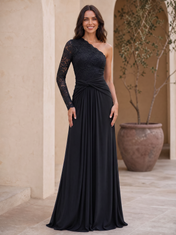 Royal Blue One-Shoulder Lace Chiffon Floor-Length Gown Dress