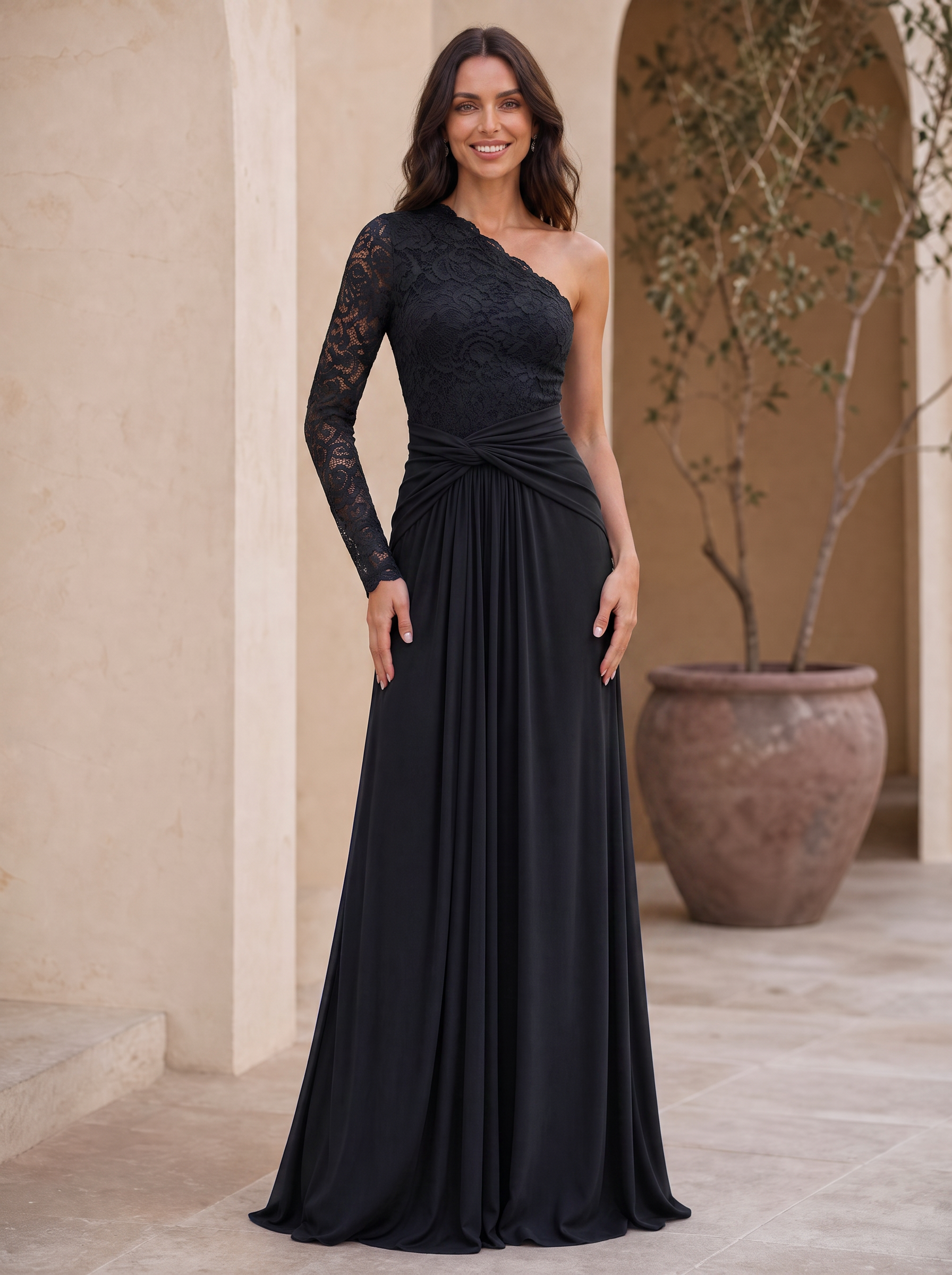 Royal Blue One-Shoulder Lace Chiffon Floor-Length Gown Dress