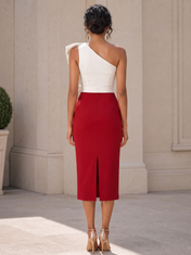 White and Red Crepe One-Shoulder Bow Sashing Sheath Midi Cocktail Dress