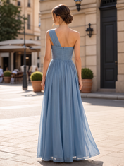Dusty Blue Pleated One-Shoulder High-Slit Floor-Length Gown Dress