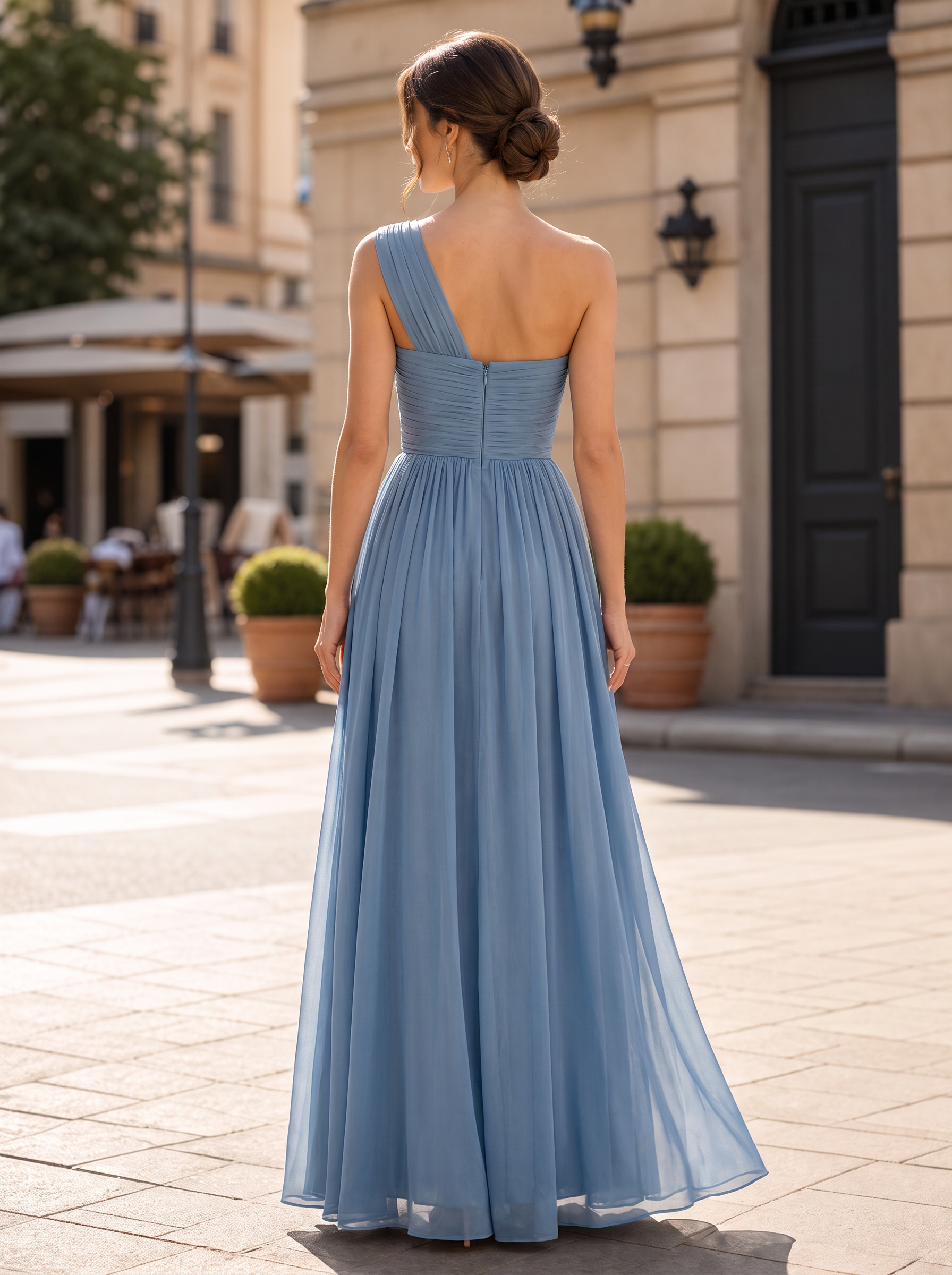 Dusty Blue Pleated One-Shoulder High-Slit Floor-Length Gown Dress