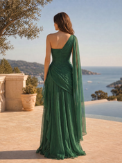 One-Shoulder Ruched Chiffon Gown with Cape Drape and Cascading Ruffle Skirt Mother of The Bride Dresses