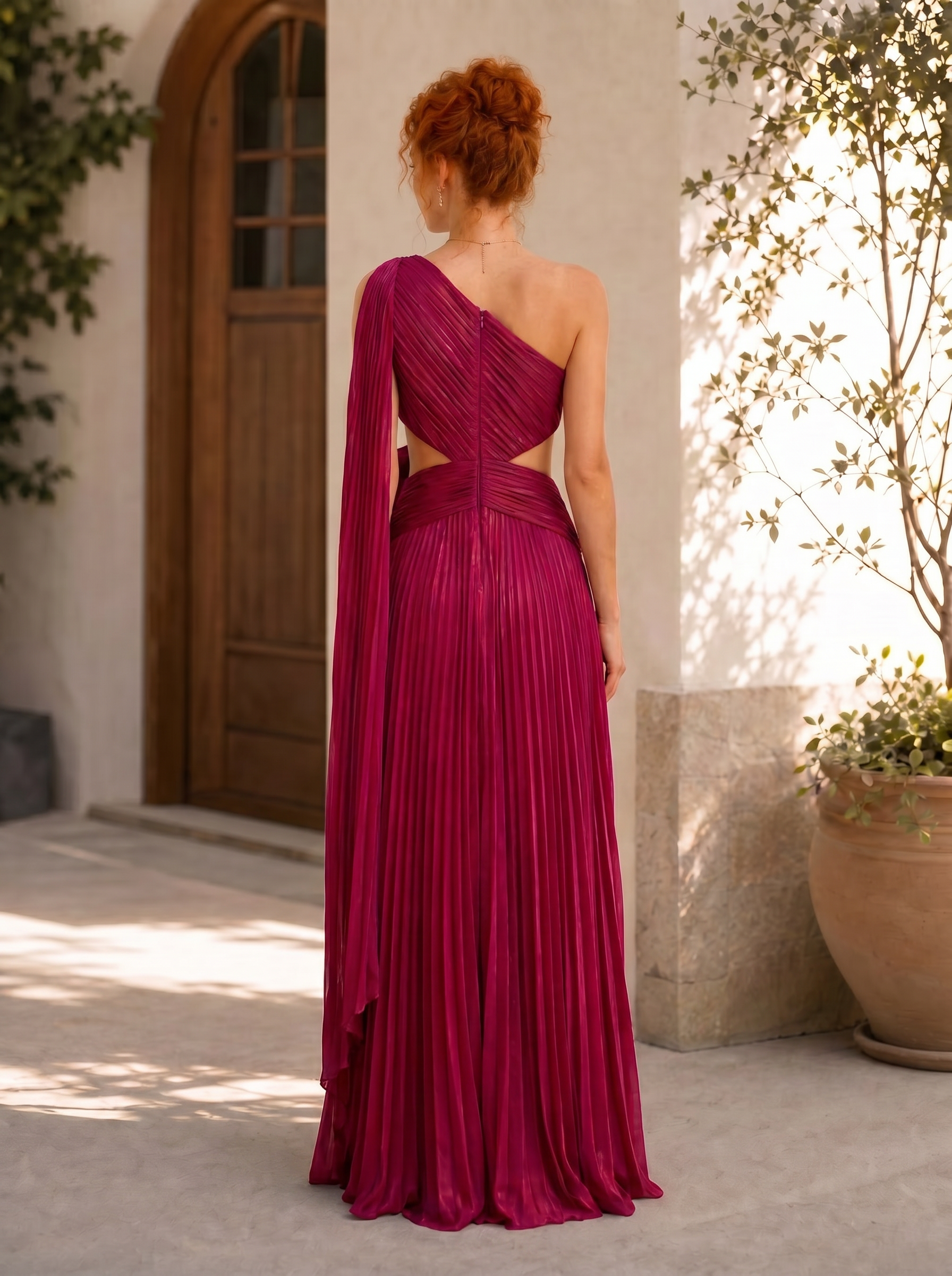 One-Shoulder Magenta Pleated Chiffon Evening Dresses with Rosette Accent and Side Cut-Outs