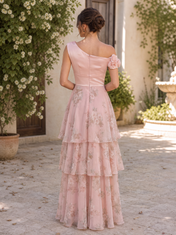 Blush Pink One-Shoulder Floral Chiffon Tiered Floor-Length Gown Dress