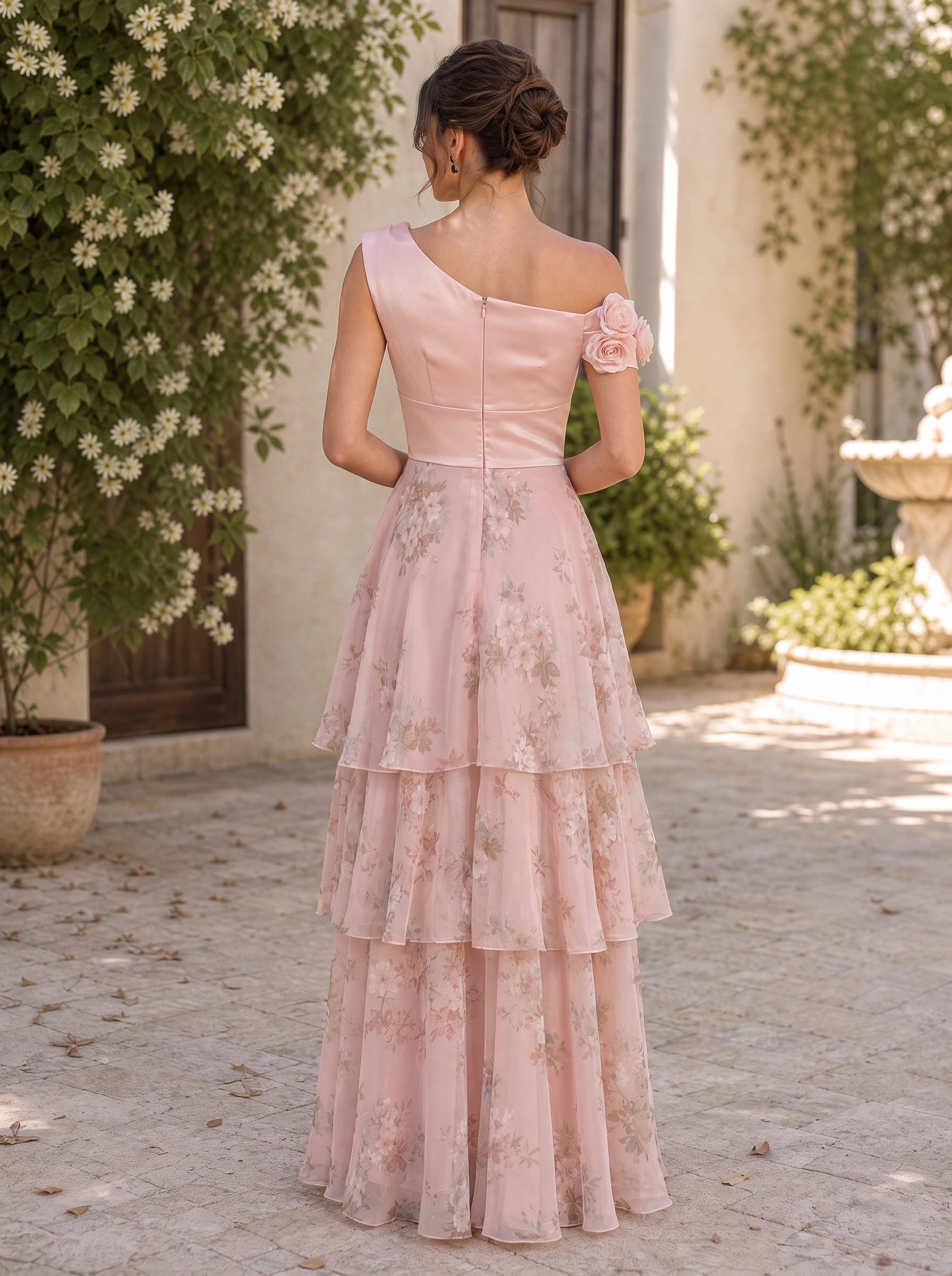 Blush Pink One-Shoulder Floral Chiffon Tiered Floor-Length Gown Dress