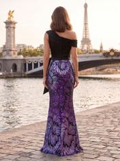 Purple and Black Sequin Mesh One-Shoulder Bow Sashing Column Floor-Length Gown Dress