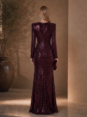 Burgundy Sequin V-Neck Long Sleeve Floor-Length Evening Dress