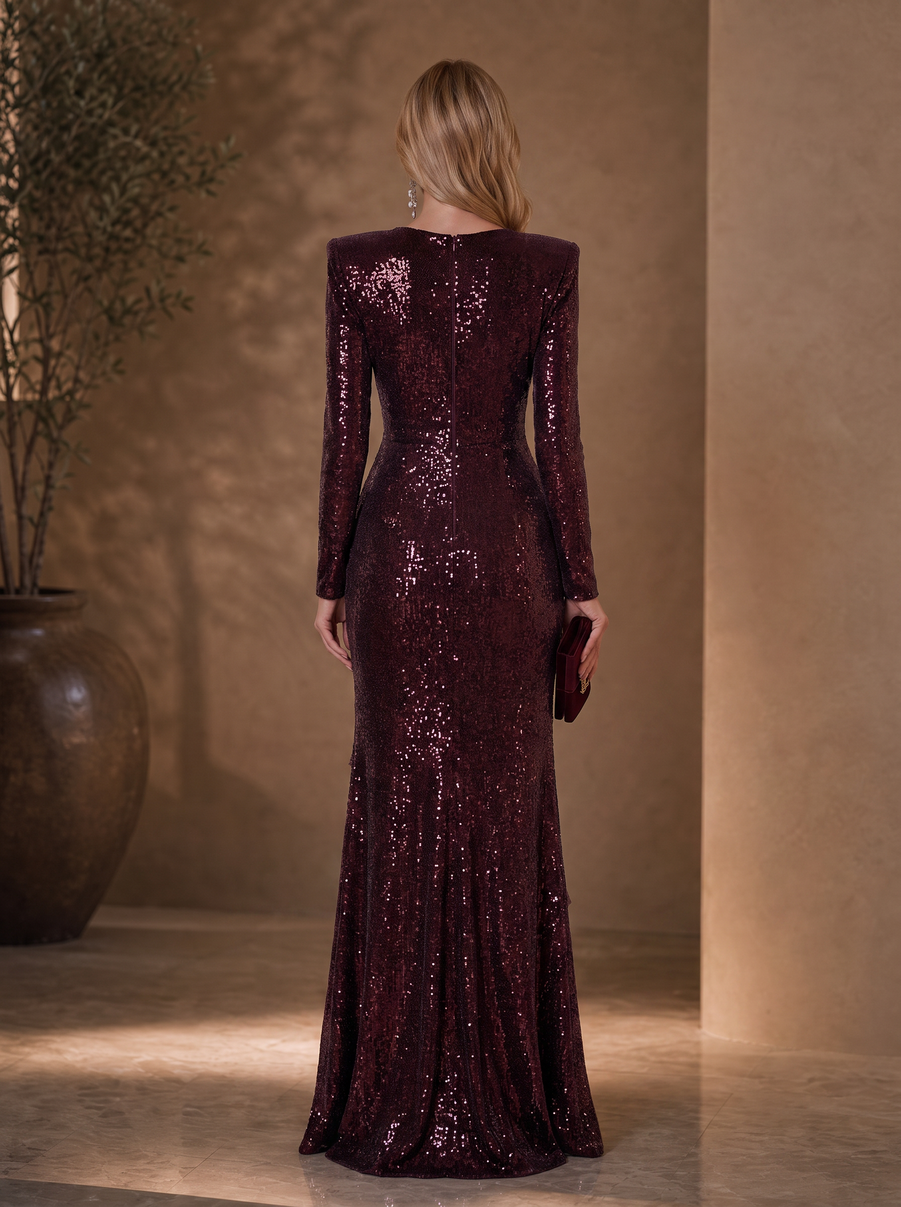 Burgundy Sequin V-Neck Long Sleeve Floor-Length Evening Dress