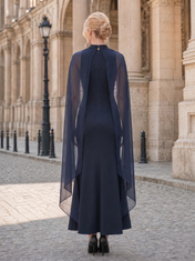 High-Neck Navy Blue Beaded Chiffon Evening Dresses with Attached Flowing Cape and Trumpet Skirt