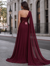 Burgundy One-Shoulder Draped Cape Sequin Sheath Floor-Length Gown Dress