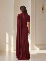 Mock-Neck Ruched Burgundy Jersey Evening Dresses with Shoulder Cape