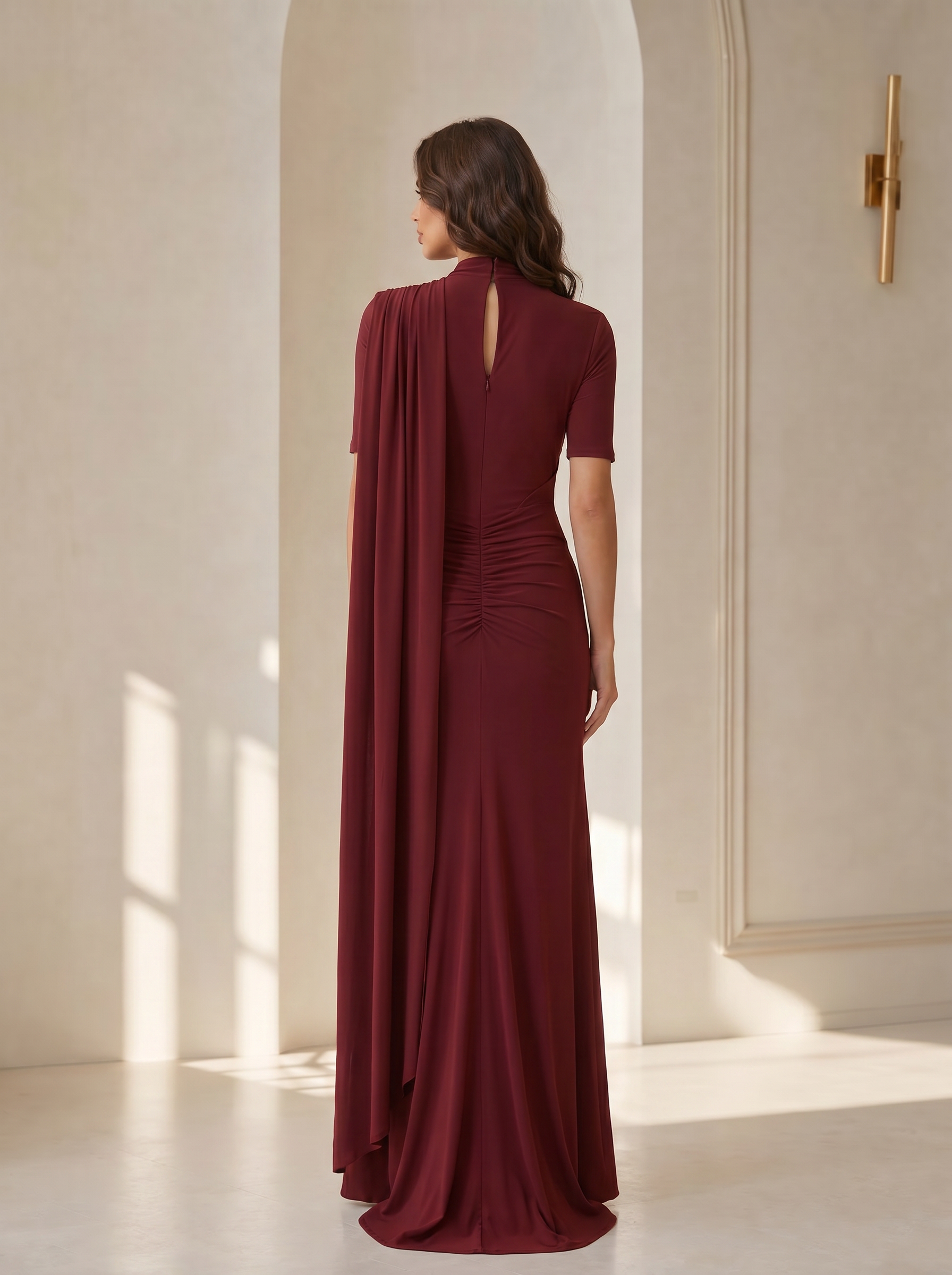 Mock-Neck Ruched Burgundy Jersey Evening Dresses with Shoulder Cape