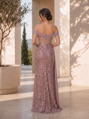 Mauve Sequin Off-The-Shoulder Draped Split Sheath Floor-Length Gown Dress