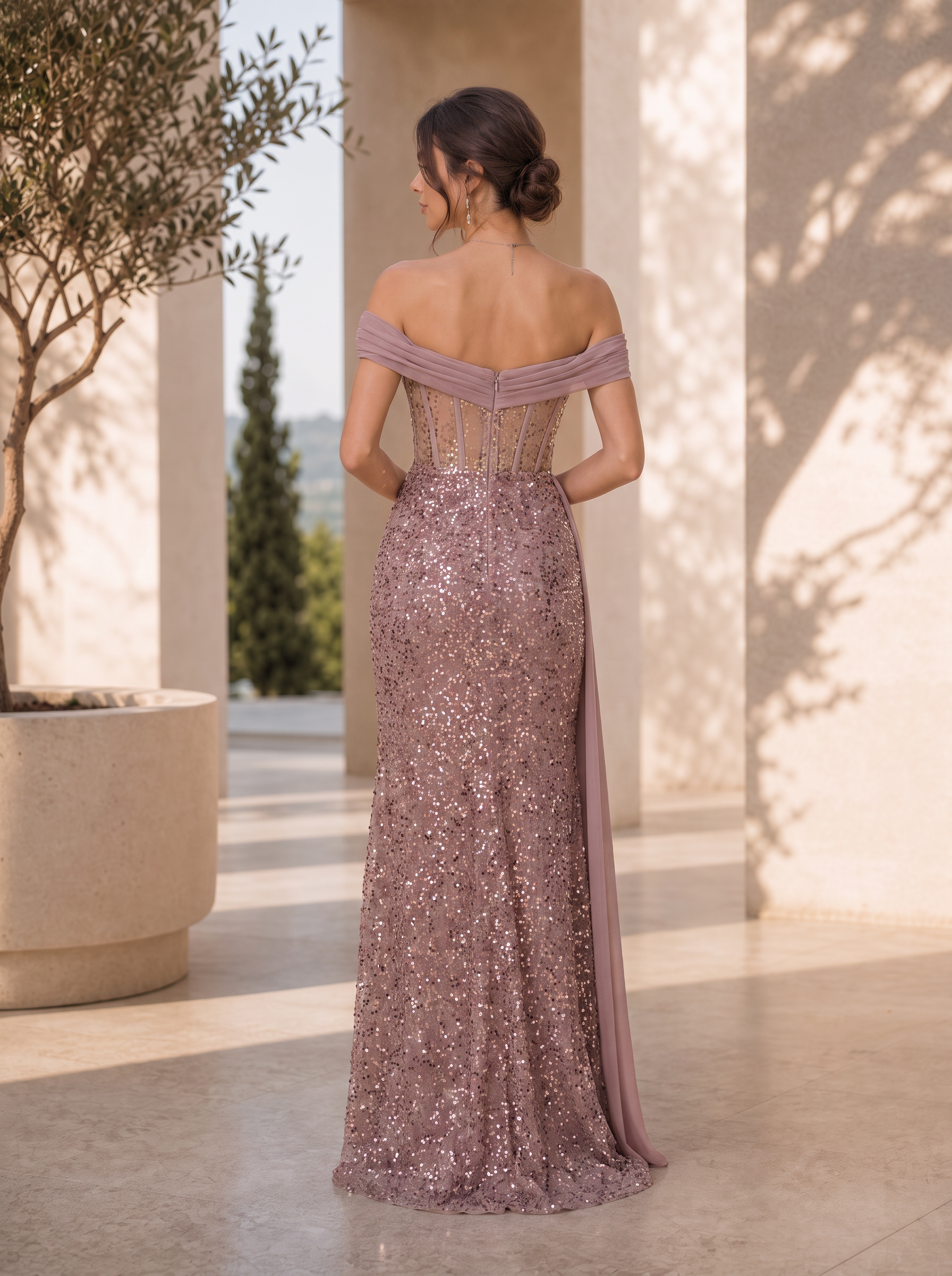 Mauve Sequin Off-The-Shoulder Draped Split Sheath Floor-Length Gown Dress