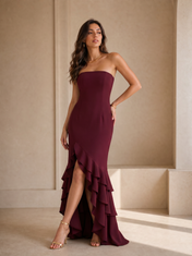 Strapless Burgundy Crepe Evening Dresses with Tiered Ruffle Slit Skirt