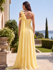Lemon Yellow One-Shoulder Floral Chiffon Floor-Length Gown Dress
