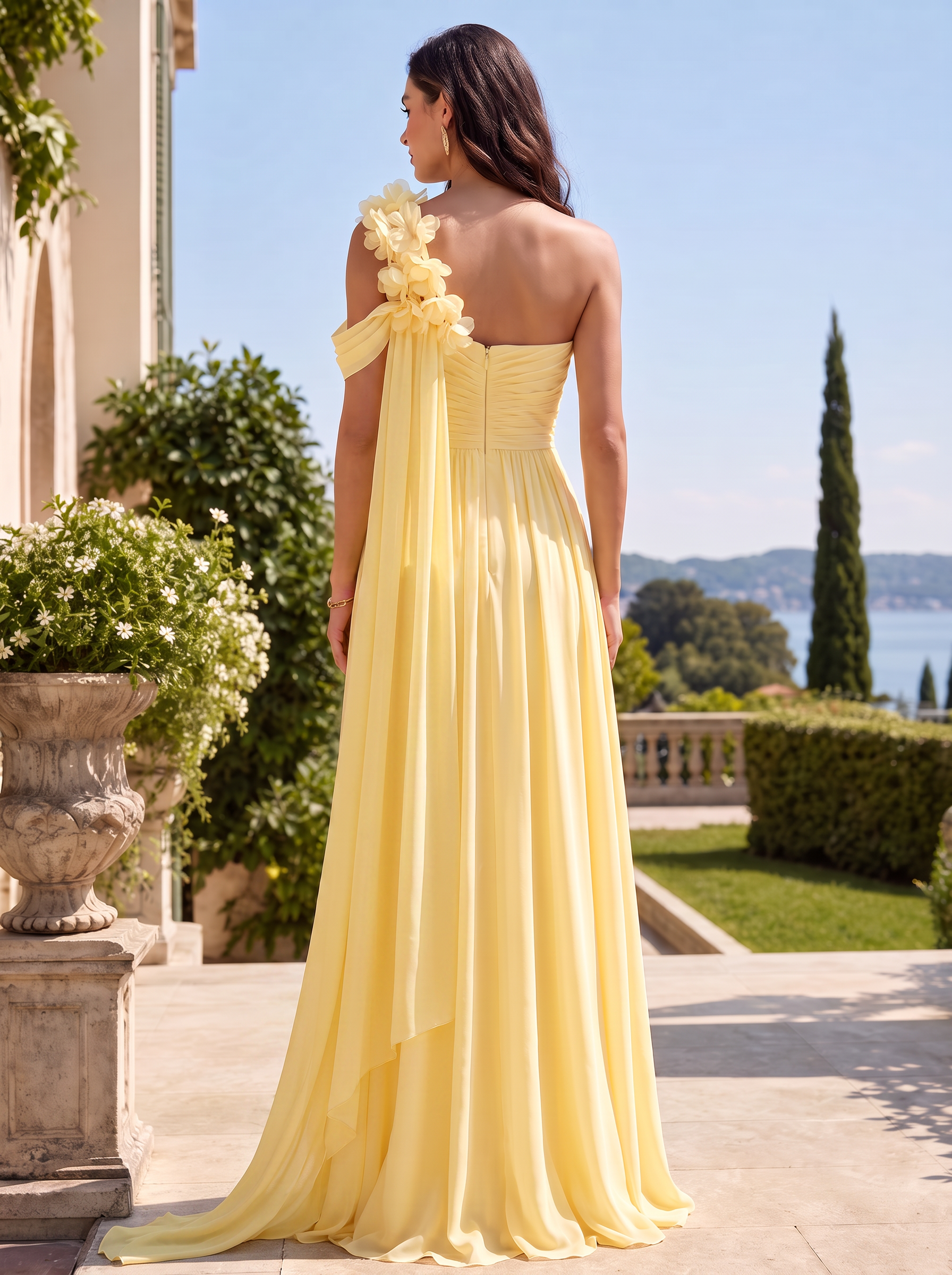 Lemon Yellow One-Shoulder Floral Chiffon Floor-Length Gown Dress