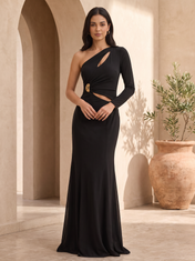 Classic Black Cutout One-Shoulder Long Sleeve Floor-Length Evening Dress