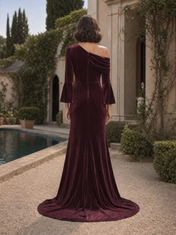 Burgundy Velvet One-Shoulder Draped Long Sleeve High Slit Floor-Length Gown Dress