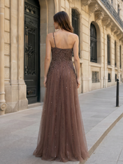 One-Shoulder Mocha Brown Embellished Tulle Evening Dresses with Floor-Length A-Line Skirt