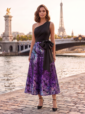 Purple and Black Satin and Sequin Mesh One-Shoulder Bow Sashing A-Line Midi Gown Dress