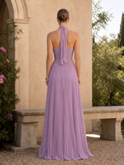 Lavender Halter Neck Sleeveless Pleated Ruffled A-Line Floor-Length Gown Dress