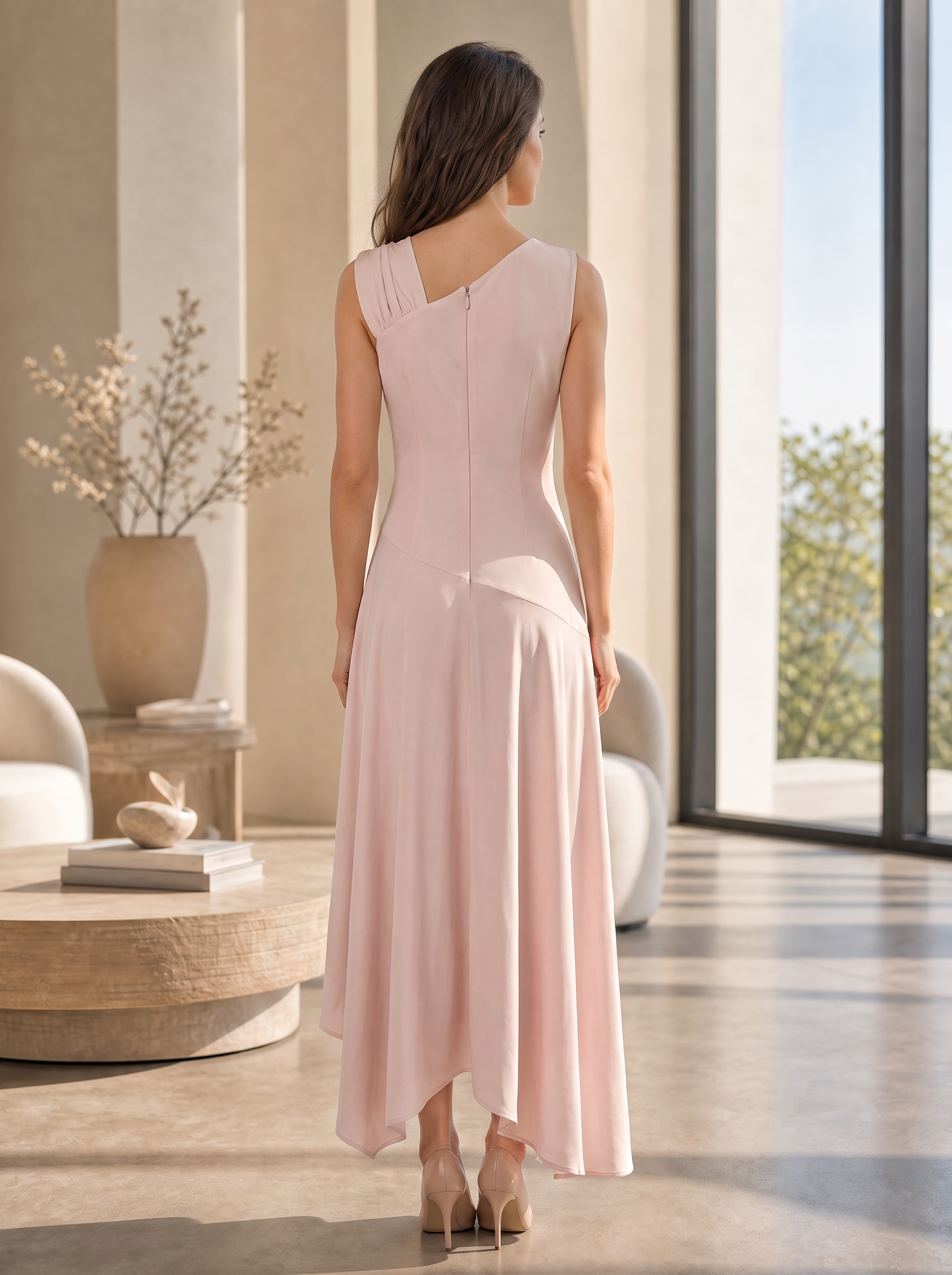 Blush Pink Asymmetric Pleated Midi-to-Floor Length Gown Dress