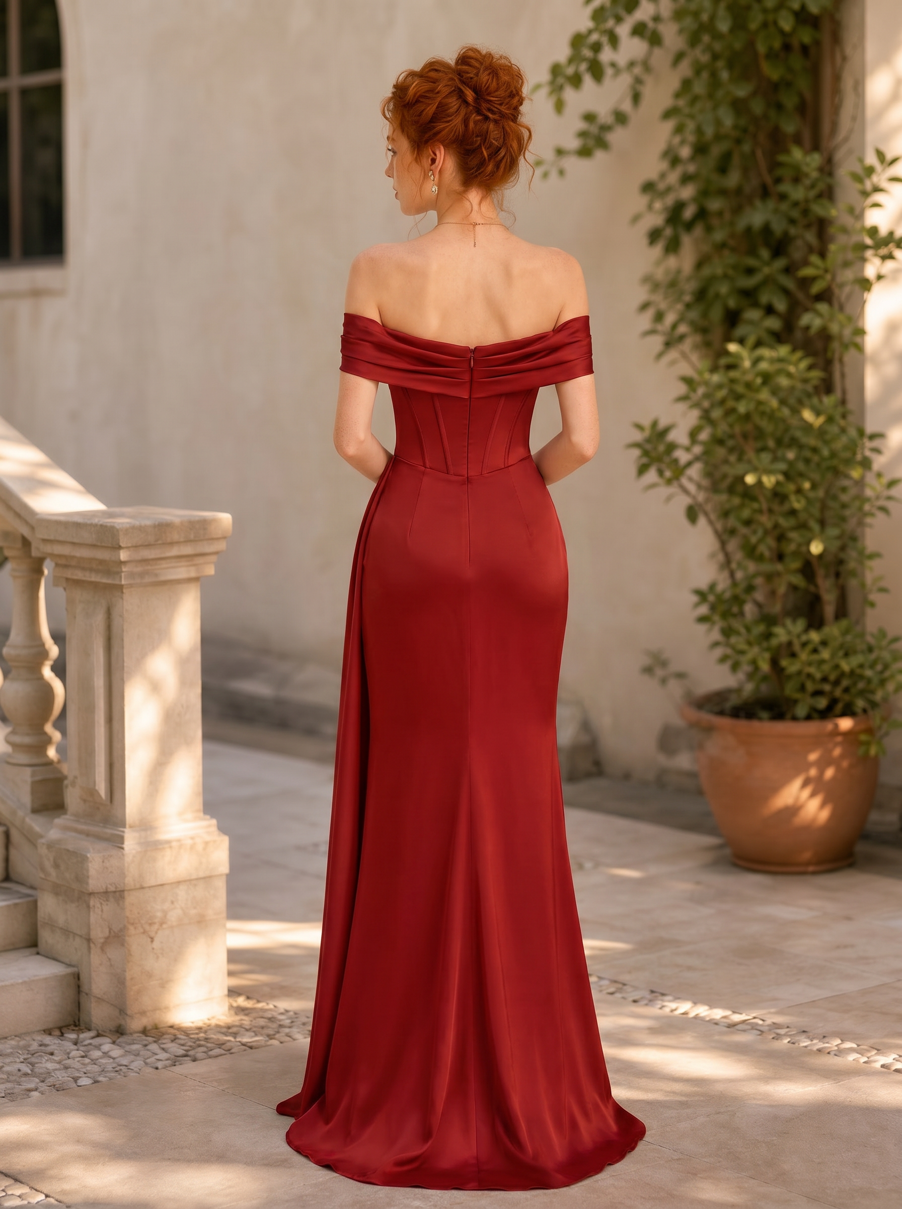 Off-the-Shoulder Ruby Red Satin Evening Dresses with Corset Bodice and Draped Skirt