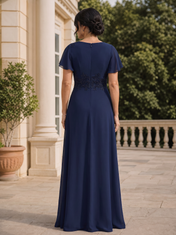 Navy Blue Cowl Neck Short Sleeved Beaded Floor-Length Gown Dress