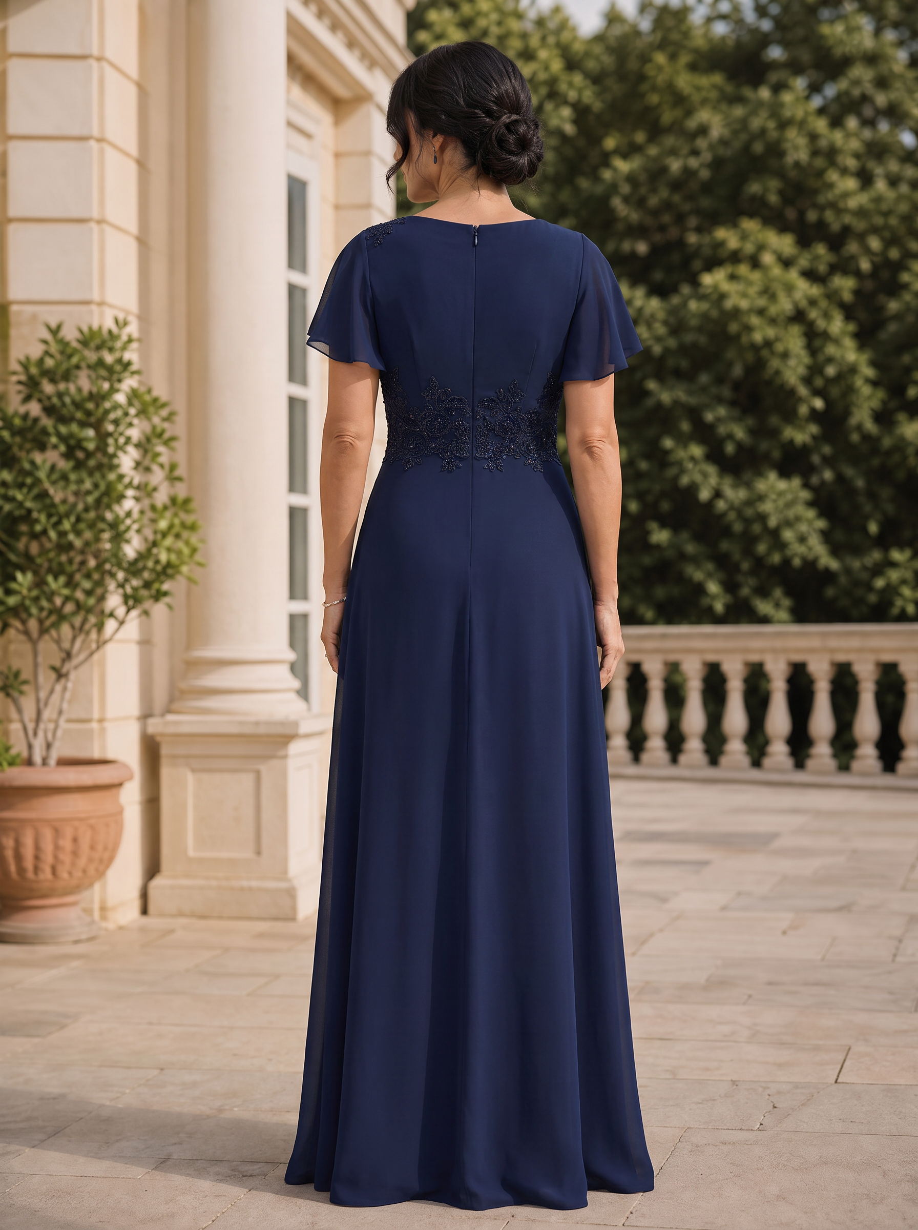 Navy Blue Cowl Neck Short Sleeved Beaded Floor-Length Gown Dress