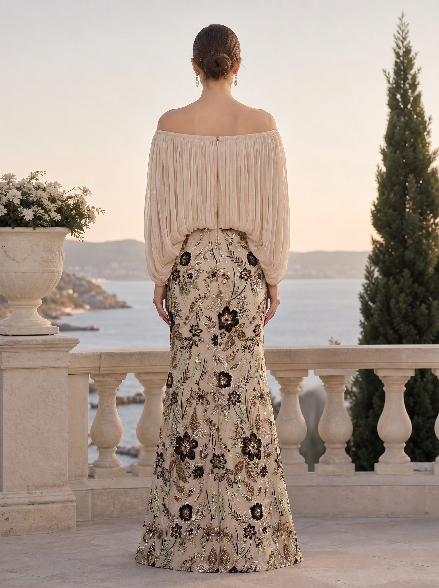 Beige Off-The-Shoulder Blouson Sequin Sheath Floor-Length Gown Dress