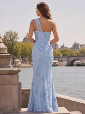 Baby Blue One-Shoulder Ruched Lace Floor-Length Gown Dress